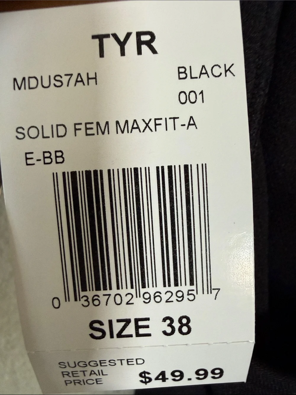 NWT TYR Black Durafast One Piece Swimsuit Size 38 X